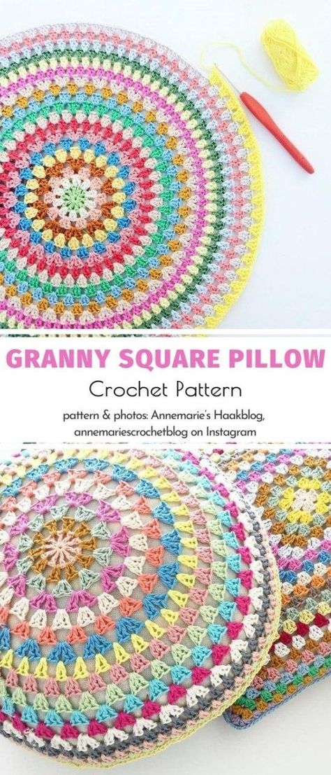 Granny makes the world go round and this project by Annemarie’s Haakblog certainly proves that! If you want to make the good old sofa pop, a set of colorful crochet pillow is just the thing for you. Can you believe that even beginners can easily learn how to make one?  #crochetpattern #grannystitch #pillow Amigurumi Patterns, Crochet Binder Cover, Granny Square Mandala, Crochet Boho Pillow Free Pattern, Crochet Pillow Cover Granny Square, Crochet Pillow Granny Square, Crochet Square Pillow, Granny Square Pillow Cover, Crochet Granny Square Pillow