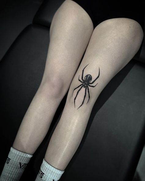 Black Widow And Web Tattoo, Spider Tattoo For Women Leg, Spider On Knee Tattoo, Emo Grunge Tattoos, Spider Tattoo Symmetrical, Spider Knee Cap Tattoo, Spider Tattoo On Knee, Spider Tattoo For Women Hand, Spider Shin Tattoo