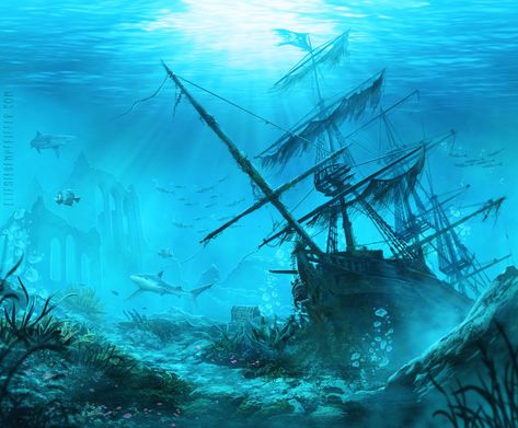 Sunken Ship Art, Shipwreck Art, Underwater Drawing, Storm Tattoo, Ship Wreck, Fishing Room, Arte Steampunk, Bodies Of Water, Pirate Art