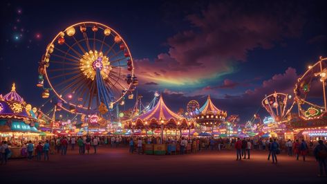 Theme Park At Night, Penacony Aesthetic, Carnival Landscape, Carnival Aesthetic Night, Carnival Attractions, Fair Paintings, Carnival Artwork, Carnival At Night, Carnival Pictures