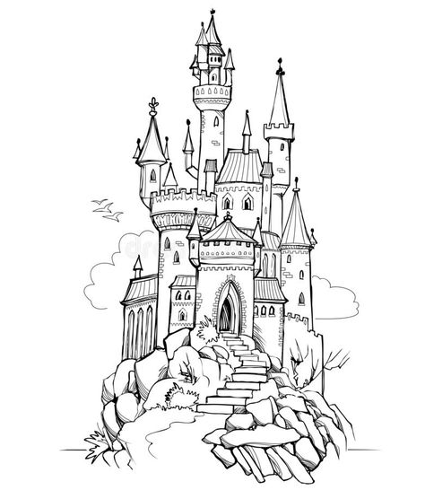 Fantasy Illustration of Medieval Castle. Fairyland Kingdom. Black and White Page for Coloring Book. Worksheet for Drawing and Stock Vector - Illustration of adult, landmark: 222781745 Architecture Drawing Easy, Gothic Architecture Drawing, Castle Sketch, Castle Coloring Page, White Page, Castle Tattoo, Castle Illustration, Castle Drawing, Castle Painting