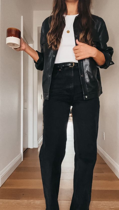 Leather Jacket Styling Women, Leather Shaket Outfits, Leather Jacket Professional Outfit, Black Shirt Outfit Ideas Woman, Curvy Shacket Outfit, Black Faux Leather Shacket Outfit, Black Leather Shirt Outfit Women, Modern Millenial Fashion, Black Denim Outfits Women