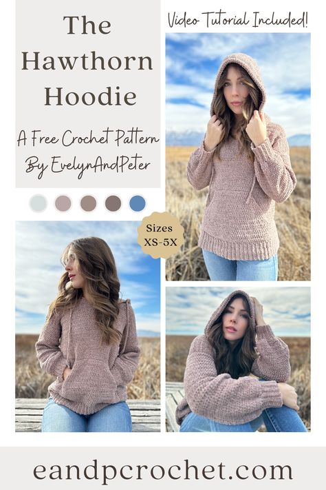 The Hawthorn Hoodie is a FREE crochet pattern by EvelynAndPeter! Includes sizes XS-5X and a full video tutorial! Hawthorne Hoodie Crochet, Amigurumi Patterns, Crochet Pullover Hoodie, Crocheted Hoodie Pattern Free, Free Hoodie Crochet Pattern, Diy Crochet Clothes For Women, Free Crochet Womens Sweater Patterns, Free Crochet Hoodie Pattern, Crochet Hoodie Pattern Free Women