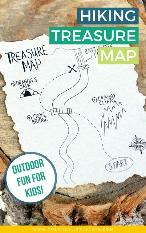 Want a simple outdoor activity to engage your kids while hiking? Try a hiking treasure map to make your next nature adventure into an epic quest! #outdoorkids #nature #childhoodunplugged #outdoors #naturekids #natureplay #getoutside Outdoor Explorer Activities, Map Making For Kids, Hiking Activities For Kids, Treasure Map For Kids, Treasure Maps For Kids, Treasure Hunt Map, Outdoor Learning Activities, Explorers Activities, Adventure Camp