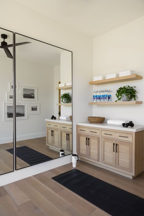 Mountainside Retreat: The Office, Mudroom, & Powder Room - Studio McGee Mudroom Powder Room, Office Mudroom, Mountainside Retreat, Workout Room Home, Basement Gym, Gym Room At Home, Home Gym Design, Gym Room, Gym Decor