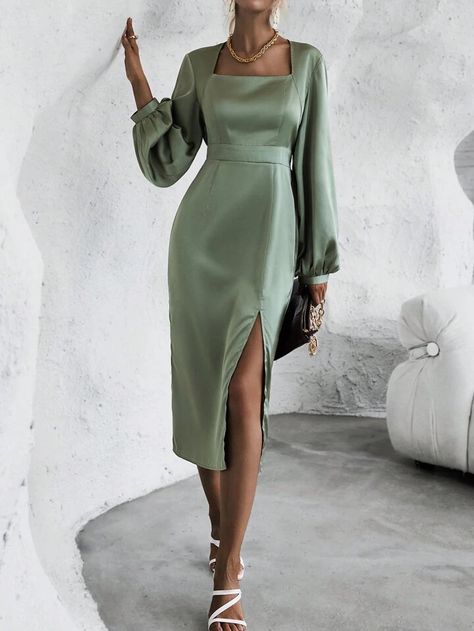 SHEIN Clasi Square Neck Lantern Sleeve Split Thigh Satin Dress | SHEIN USA Satin Dress With Sleeves, Satin Dress Outfit, Green Satin Dress, Satin Clothes, Dress For Petite Women, Green Silk Dresses, Mint Green Dress, Silk Satin Dress, Square Neck Dress