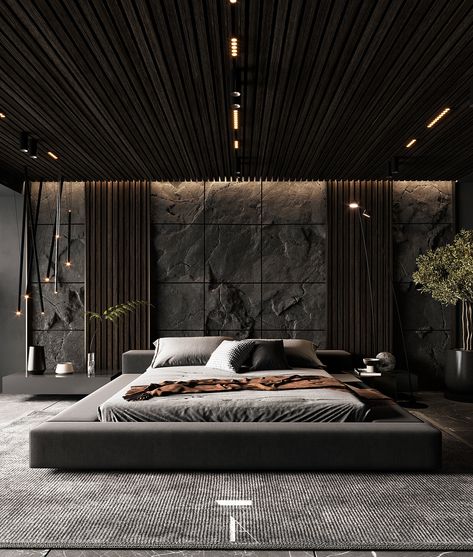 Modern Bedroom Interior Simple, Modern Bedroom Design Luxury, Luxurious Bedrooms Master, Dark Modern Bedroom, Bedroom Design Luxury, Dark Interior Design, Black Bedroom Design, Casa Loft, Bedroom Interior Design Luxury