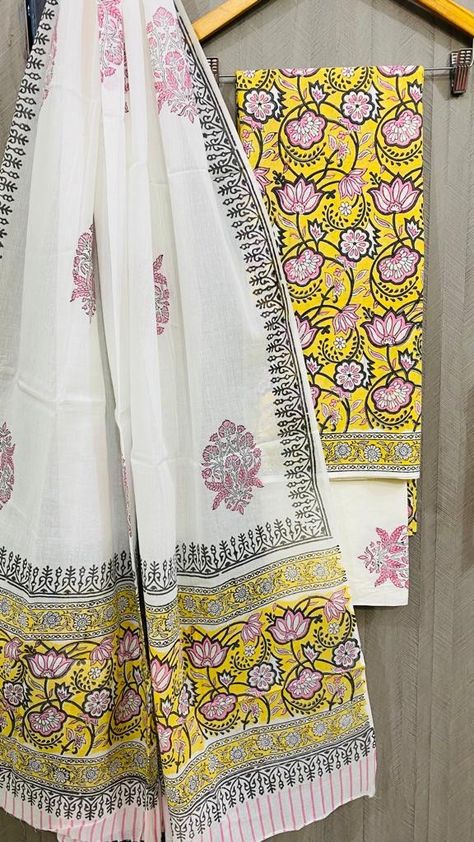 *Pure Cotton Suits with Pure Cotton Dupatta* ' ✔️Hand Block Printed✔️ 💯% Hand Crafted 🌿Natural Vegetable dye🌿 Top:- 2.5 meter approx (cotton) Bottom:- 2.5 meter approx (Cotton) Dupatta:- 2.5 meter approx (cotton Dupatta) 👉*Price: 750* *Shipping Free within India* Material Photography, Block Print Dupatta, Pure Cotton Suits, Block Printed Suits, Printed Suits, Cotton Saree Designs, Printing Fabric, Cotton Dupatta, Clothes Sewing