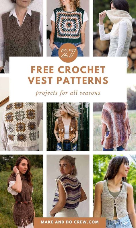 Looking for the best crochet tops? This collection of free crochet vest patterns, curated by Make and Do Crew, is for you. We've gathered our favorite vest outfits - from cropped vest patterns and slip over vest patterns to sleeveless tops and button vest patterns. These stylish patterns can be layered for year round wear. Whether you're looking for new crochet clothes patterns or just a lightweight top for summer, we've got you covered. Visit the blog for the free crochet vest patterns. Crochet Granny Square Vest Pattern Free, Crochet Waistcoat Pattern Free, Crochet Summer Vest Pattern, Free Crochet Vest Patterns, Free Crochet Vest, Crochet Vest Patterns, Crochet Vest Pattern Free, Shawl In A Ball, Crochet Vests