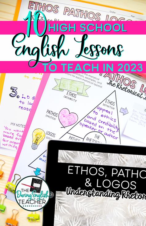 The perfect place for students to learn how and to practice critical reading, writing, arguing, and even listening is the high school English classroom. Here are 10 different high school English lessons and skills that teachers should teach in 2023!
Includes: rhetorical appeals, logical fallacies, systhesis writing, email etiquette, paraphrasing, quoting, summarizing, text annotation. peer editing & more!

See www.thedaringenglishteacher.com for more engaging Secondary ELA resources and tips! English Teacher Classroom, High School English Lesson Plans, High School English Lessons, High School English Classroom, High School Language Arts, High School Literature, High School Books, Literature Lessons, High School Lesson Plans