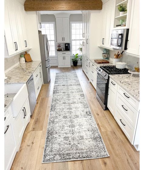 Small Galley Kitchen Paint Ideas, Small Galley Kitchen Inspirations, Grey Galley Kitchen Ideas, Cottage Galley Kitchen Ideas, Farmhouse Kitchen Galley Style, Galley Kitchen White Shaker Cabinets, Galley Kitchen With White Cabinets, Kitchen Ideas Narrow Long, Small Narrow Kitchens