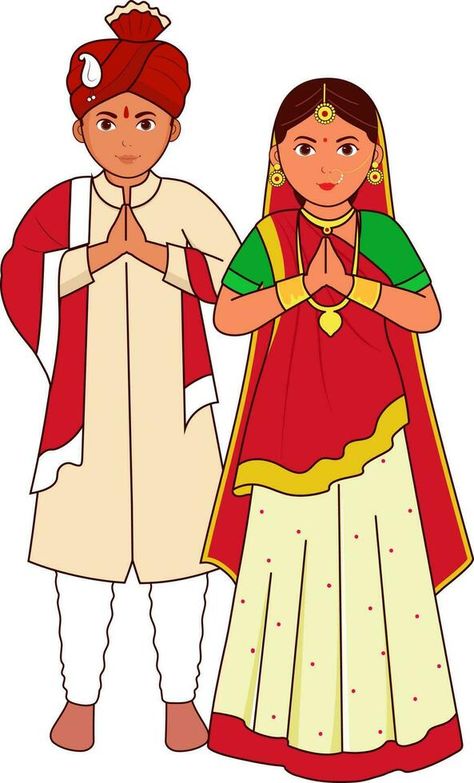 Gujarati Wedding Couple Greeting Namaste In Traditional Dress. Gujarat Traditional Dress Illustration, Gujarati Illustration, Vithal Rukmini, Drawing Rangoli, Newspaper Art And Craft, Namaste Art, Wedding Dress Illustrations, Hindu Wedding Invitations, Gujarati Wedding