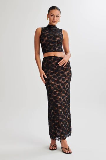 Shop Skirts Online - MESHKI UK Couture, Lace High Neck Top, High Neck Lace Top, Lace Maxi Skirt, Maxi Lace Skirt, High Neck Designs, Maxi Skirt Black, High Neck Top, Lace Maxi