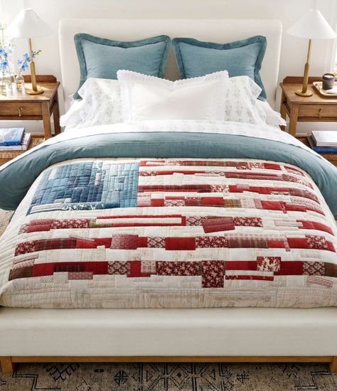 Shop Americana Flag Reversible Quilt, King/Cal. King, Soft Washed Denim Duvet Cover, King/Cal. King, Denim, Eyelet Organic Percale Sham, Standard, White, Micha Floral Sheet Set, King, Soft Washed Denim Sham, Euro, Denim, Chambers Ribbed Table Lamp, Vintage Brass, Small and more Red White And Blue Bedroom, Americana Bedroom, Patriotic Bedroom, Quilt Kits For Sale, Ribbed Table, Pottery Barn Bedrooms, American Flag Quilt, New Americana, Flag Quilt