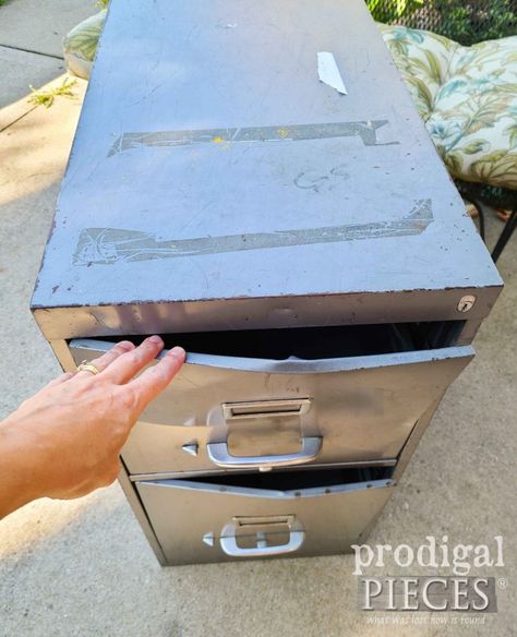 Damaged File Drawers on Upcycled Filing Cabinet | prodigalpieces.com Upcycling, Other Uses For Filing Cabinet, Upcycled Metal Filing Cabinet, Repurpose Old Metal Filing Cabinets, Repurposing Filing Cabinets, File Cabinet Upcycle Repurpose, Repurposed Metal File Cabinet, Upcycle File Cabinet Ideas, Filing Cabinet Drawers Upcycle