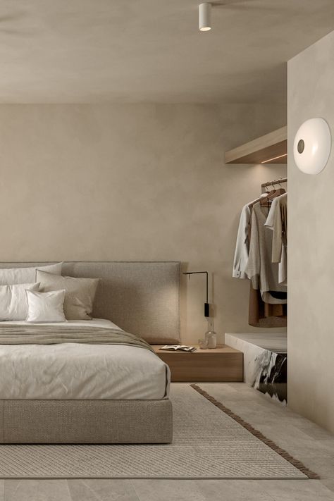 Microcement bedroom design Texture Walls Bedroom, Beige Concrete Texture Wall, Microcement Bedroom Wall, Bedroom With Textured Wall, Microcement Hallway, Neutral Limewash Bedroom, Minimalistic Beige Bedroom, Micro Cement Bedroom, Limewash Primary Bedroom