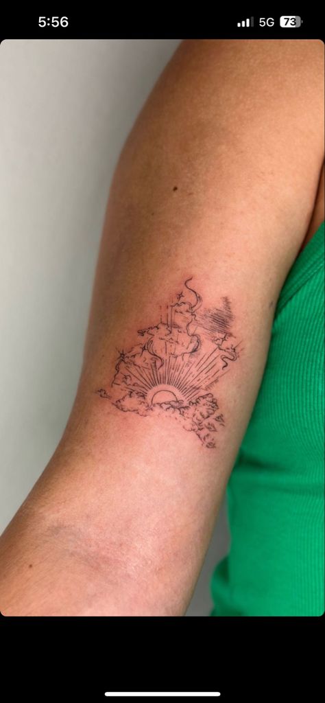 Delicate Shaded Tattoo, Clouds Tattoo Fine Line, Sunrise Over Trees Tattoo, Sunshine Clouds Tattoo, Trees And Clouds Tattoo, Both Arm Tattoos, Sky Filler Tattoo, Tattoos Of Clouds, Cloud Tattoo Realistic