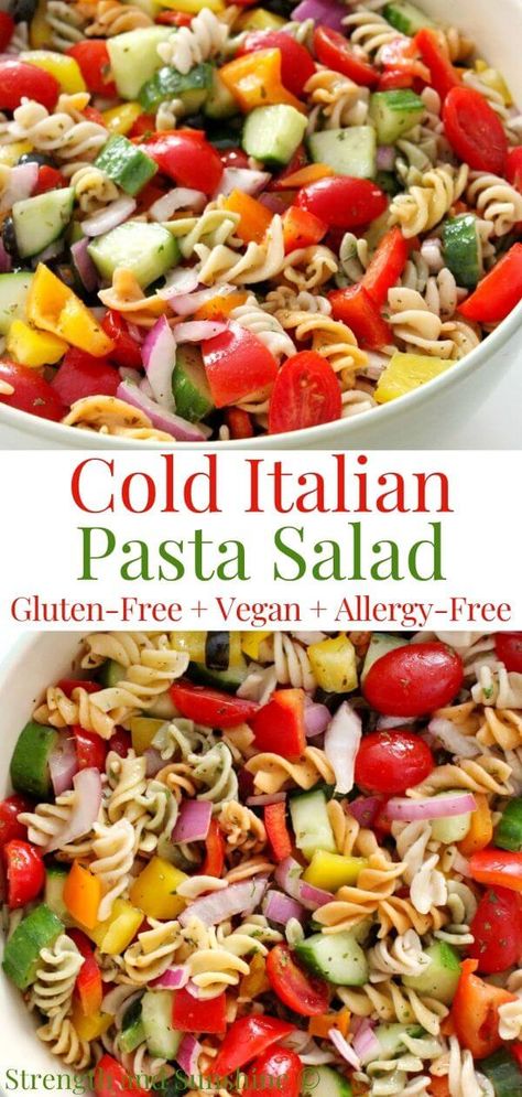 Cold Italian Pasta Salad (Gluten-Free, Vegan, Allergy-Free) | Strength and Sunshine | A Classic Italian Pasta Salad that's gluten-free, vegan, and allergy-free! The cold pasta salad you love, with tri-colored pasta, fresh veggies, and a healthy homemade Italian dressing! A super easy and quick meat-free vegetarian and dairy-free recipe that's a perfect side dish to feed any crowd! #pastasalad #coldpastasalad #summerrecipes #sidedish #glutenfreepasta #italianrecipe #veganpasta Classic Italian Pasta Salad, Cold Italian Pasta Salad, Gluten Free Pasta Salad, Classic Italian Pasta, Homemade Italian Dressing, Cold Pasta Salad Recipes, Italian Pasta Salad, Cold Pasta Salad, Cold Pasta