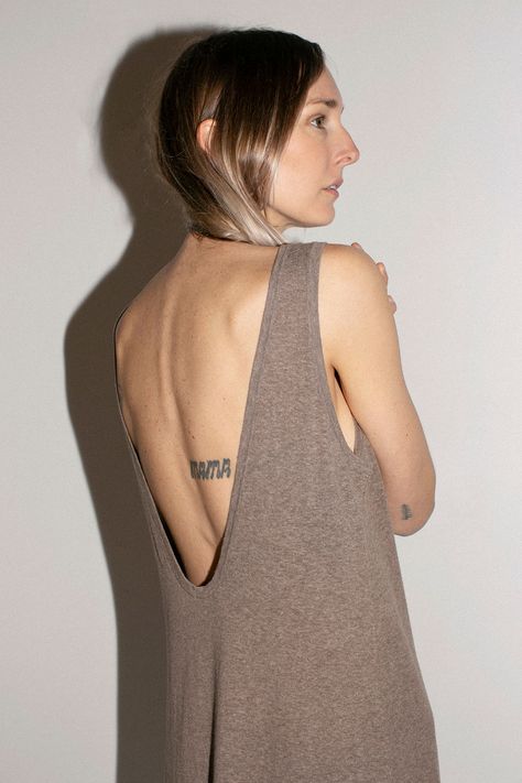 Finely knit, tank dress with scoop back. Semi-sheer fabric is 70% pima cotton, 30% linen. Ella is 6' tall, 35" bust, 26" waist, 36" hip, and is wearing a size 1. Knitting, Knit Tank Dress, Lauren Manoogian, Sheer Fabric, Knit Tank, Sheer Fabrics, Pima Cotton, Tank Dress, Knitwear