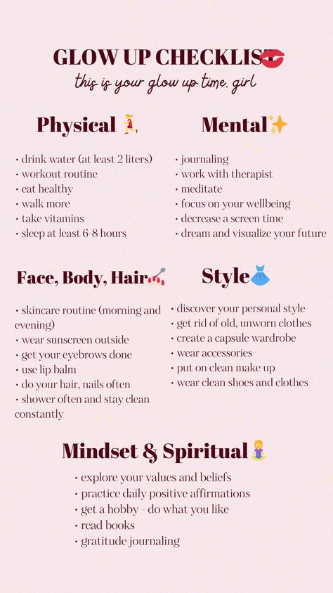 self care, beauty, health and wellness, glow up checklist, make up, style, beauty aesthetic, spiritual growth, better version of you Glow Up Goals List, Spiritual Glow Up Checklist, Holiday Glow Up Checklist, Better Self Aesthetic, Glow Up Spiritually, Women Glow Up, Better Me Aesthetic, Self Care Glow Up, Mental Glow Up Challenge