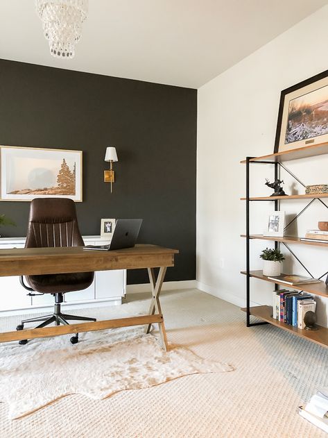 Accent wall in home office is urbane bronze Dark Grey Accent Wall Office, Accent Wall Paint Colors, Office Wall Colors, Masculine Home Office, Green Accent Walls, Modern Office Interiors, Office Color, Home Office Colors, Accent Wall Paint