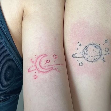 Matching Arm Tattoos Couple, Earth And Water Signs Tattoo, Tattoo Ideas For Partners, Tattoo Design Drawings Matching, Matching Tattoos Ideas For Couples, Matching Back Tattoos For Best Friends, Good Matching Tattoos, Non Matching Friend Tattoos, Matching Tattoos Planets