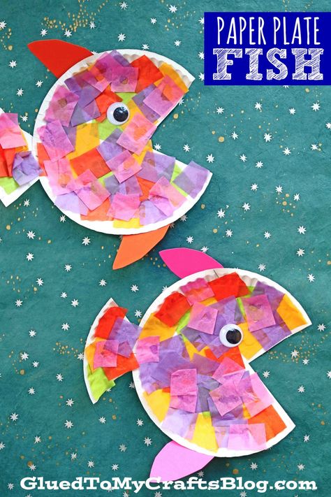 #gluedtomycrafts Paper Plate & Tissue Paper Tropical Fish - Kid Craft Kunst For Barn, Paper Plate Fish, Kerajinan Diy, Aktiviti Kanak-kanak, Paper Plate Crafts For Kids, Toddler Arts And Crafts, Aktivitas Montessori, Fish Crafts, Ocean Crafts