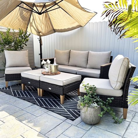 Elevate your outdoor living space with this  Patio Outdoor Wicker Sofa Set. The handwoven resin wicker and all-steel frame provide a contemporary design that is both lightweight and durable. Tan Patio Furniture Decor, Composite Patio Furniture, Neutral Patio Furniture, Outdoor Patio Cushions Color Schemes, Deck Furniture Ideas, Conversation Patio Set, Patio Setup, Pit Sofa, Sofa Sectionals