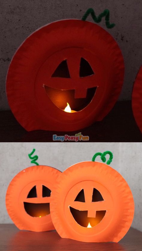 This Halloween craft for kids is here to take the spotlight as it looks almost like a real carved pumpkin, the wonderful little tea light candle (battery operated) makes the Halloween magic happen. Paper Plate Pumpkin Craft, Paper Plate Pumpkin, Høstaktiviteter For Barn, Veselý Halloween, Dekorasi Halloween, Pumpkin Craft, Halloween Arts And Crafts, Carved Pumpkin, Adornos Halloween