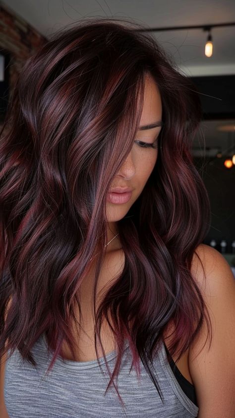 25 Burgundy Hair Ideas for an Elegant Makeover Merlot Highlights On Brown Hair, Cherry Cola Ombre Hair, Violet Dark Hair, Dark Hair With Red Highlights Burgundy, Burgundy Violet Hair, Dark Brown And Burgundy Hair, Going From Red To Brown Hair, Dark Red Hair Inspo Color, Burgundy Hair Blonde Money Piece