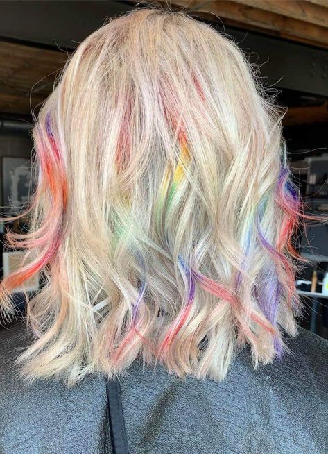 Blonde Rainbow Highlights, Blond Rainbow Hair, Platinum Blonde With Rainbow Highlights, Peekaboo Rainbow Hair Blonde, Blonde Unicorn Hair, Underneath Rainbow Hair, Rainbow Streaks In Blonde Hair, Blonde And Vibrant Hair, Platinum And Vivid Hair