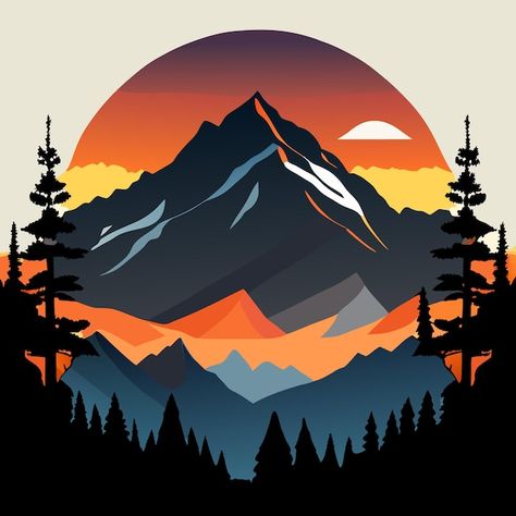 Beautiful mountain sunset vector wallpap... | Premium Vector #Freepik #vector #mountain-range #mountain #peaks #vector-illustration Mountain Vector Illustration, Mountain Cartoon, Mountain Digital Art, Mountain Icon, Sunset Vector, Mountains Vector, Cartoon Mountain, Mountain Vector, Vector Mountain