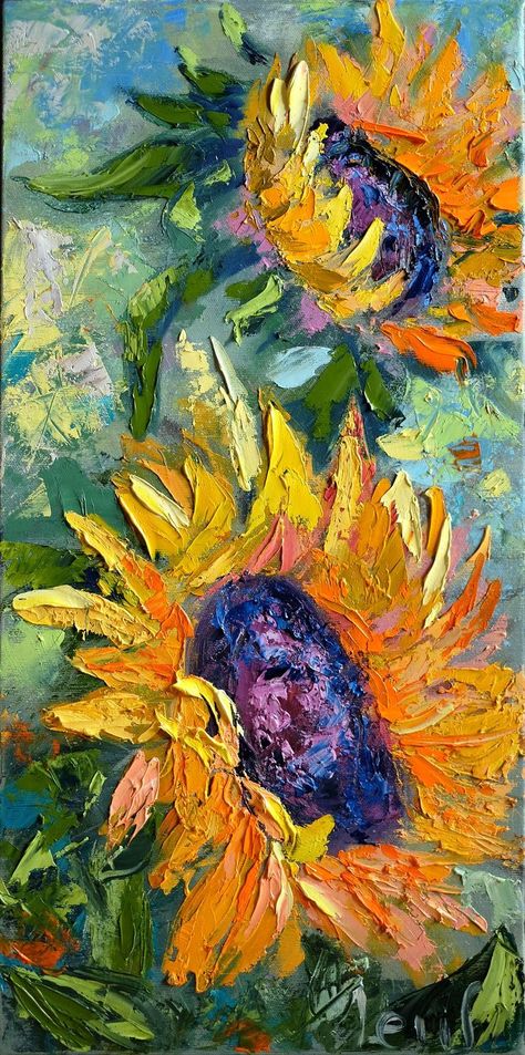Vertical sunflowers painting, original textured oil painting on canvas by Olena Leus. Vertical painting is a great decor, it doesn't need so many time as square or horizontal painting and it is easier to implement it in your interior. #sunflowerspainting #ukrianianart Large selection of textured painting, impasto painting Sunflowers Painting, Background Yellow, Contemporary Art Canvas, Arte Van Gogh, Texture Painting On Canvas, Teal Background, Sunflower Art, Impasto Painting, Sunflower Painting