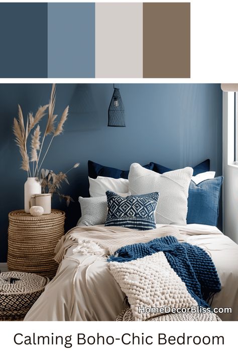 Cozy Bohemian Bedroom: Blue and Neutral Color Scheme Bedroom Blue And Beige, Blue Navy Room Bedroom, Blue And Stone Bedroom, White Navy Blue Bedroom, Navy Aqua Bedroom, Blue Decor Bedroom Ideas, Neutral And Blue Bedding, Navy Tan And White Bedroom, Navy Bedroom Color Palettes