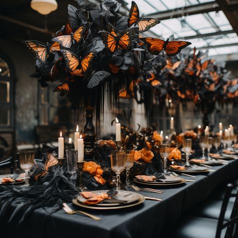 Enchanted Halloween Centerpieces and Tablescapes: Dark Academia and Butterflies Dark Theme Party Decorations, Halloween Table Arrangements, Swamp Tablescape, Gothic Dining Table Decor, Haunted Hotel Halloween Party, Goth Halloween Wedding, Raven Themed Party, Dark Thanksgiving Aesthetic, Dark Academia Table Setting