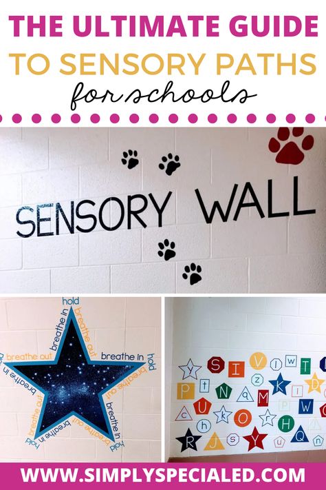 This is your complete guide to sensory paths for schools. You can easily create a sensory path in the school hallway but it’s important to get buy-in from all of your staff members. Sensory pathways in school allow all students more time to move. Inside my blog, you will learn about sensory path ideas, how to set it up, and even funding ideas too. Your elementary students and special education students will love their sensory path for kids at their school. Sensory Path School Hallway Wall, Special Needs Sensory Ideas, Sensory Room School Ideas, Sensory Hallway Ideas, Printable Sensory Path, Special School Classroom, Hallway Sensory Path, Sensory Hallway School, Kids Hallway Ideas