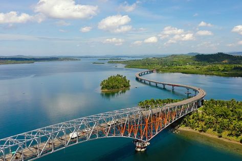 The San Juanico Bridge, view from Leyte, towards Samar. Philippines. Road bridge between the islands, top view. Leyte, Samar, San Juanico Bridge, Samar Philippines, Plant Cartoon, Road Bridge, Adventure Design, Space Baby, Hand Art Drawing