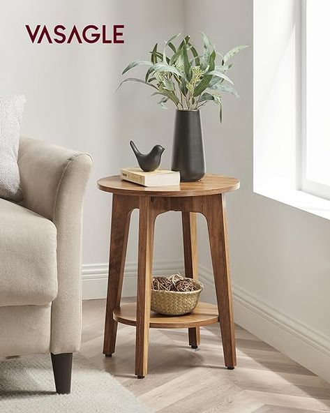 Modern Farmhouse Vibe: The round tabletop, rustic walnut finish, and angled legs merge on this small side table, adding a cozy, comfortable modern farmhouse vibe to your living space 2-Tier Storage: The tabletop is spacious to place an elegant flower vase, a cup of coffee, or a stack of books, and the lower shelf is perfect to display your mementos Round Side Table Decor, Mcm Side Table, Side Table Decor Living Room, Boho Side Table, Shelf End Table, Small Round Side Table, Round Wood Side Table, Round End Tables, Unique Side Table