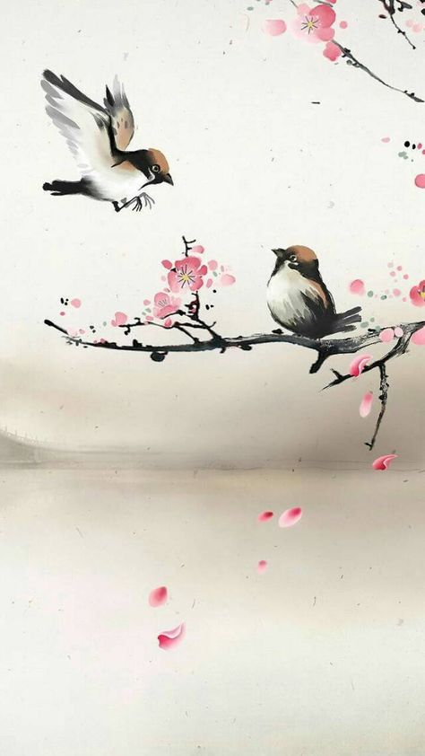 Cherry Blossom Painting, Birds Wallpaper, Chinese Art Painting, Cherry Blossom Art, Soyut Sanat Tabloları, Blossoms Art, 수채화 그림, Bird Wallpaper, Lukisan Cat Air