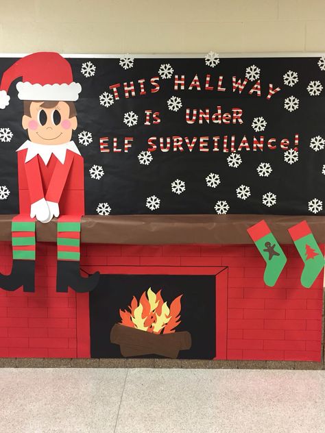 School Christmas Bulletin board! Christmas Decor School Classroom Door, Classroom Door Decor For Christmas, Bulletin Board Ideas For December, Kindergarten December Bulletin Boards, December Bulletin Boards For School, Christmas Stocking Bulletin Board Ideas, School Bulletin Boards Christmas, Christmas School Board Decorations, Cafe Bulletin Board Ideas