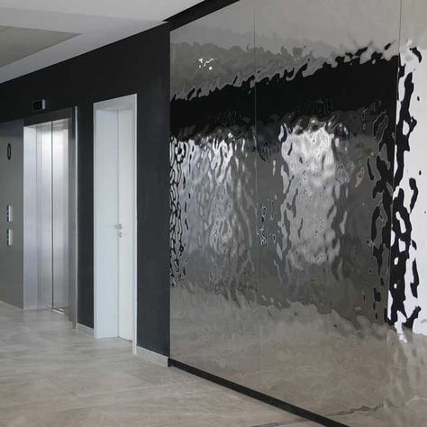 HOME | Crazy Metal Stainless steel integrated wall panel Reception Wall Cladding, Water Ripple Sheet, Reception Wall, Cladding Design, Stainless Steel Panels, Corporate Office Design, Lobby Interior, Water Ripples, Workspace Design