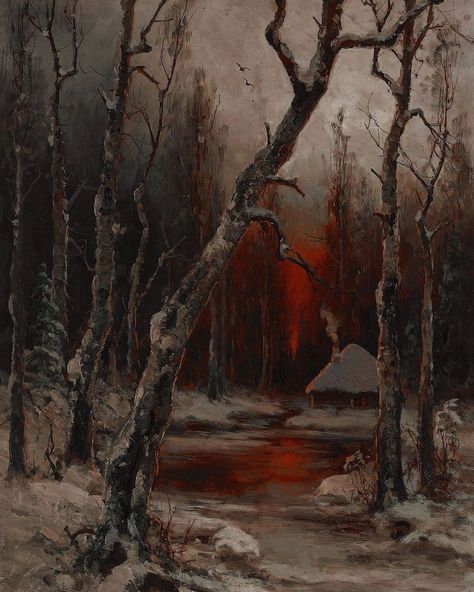 Dark & Gloomy on Instagram: “Sunset over the Winter Forest, 1881. Painted by Heinrich Gogarten (1850-1911)” Eerie Landscape Painting, Aesthetic Winter Landscape, Creepy Landscapes Art, Gothic Landscape Art, Dark Forest Landscape Painting, Gothic Landscape Painting, Winter Aesthetic Painting, Eerie Paintings, Fantasy Winter Landscape