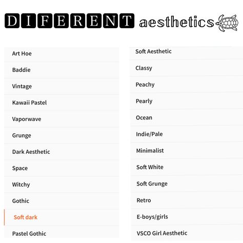 Lista de diferentes estilos de ropa aesthetic Different Aesthetic Types List, Different Style Aesthetic Names, Types Of Clothing Styles Aesthetic List, Types Of Vibes List, Different Aesthetic Clothing Types, Types Aesthetics List, Every Type Of Aesthetic List, Types Of Style Aesthetics List, Aesthetic Outfit Names