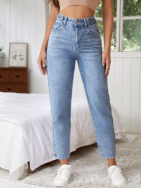 SHEIN Essnce High Waist Cat Scratch Mom Fit Jeans Boyfriend JeansI discovered amazing products on SHEIN.com, come check them out! Highrise Mom Jeans, Light Blue Jeans Women, Pantalon Mom, Mon Jeans, Light Wash Mom Jeans, Blue Jeans Women, Mom Fit Jeans, Mum Jeans, Jean Mom