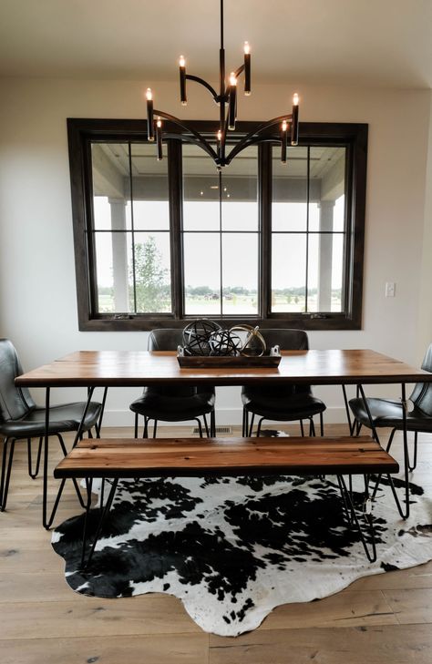 Parade of Homes dining room with wood table, and cowhide rug underneath Dining Room Remodel, Decoracion Living, Rustic Dining Room, Beautiful Dining Rooms, Farmhouse Dining Room, Dining Room Inspiration, Western Home Decor, Farmhouse Dining, Rustic Dining