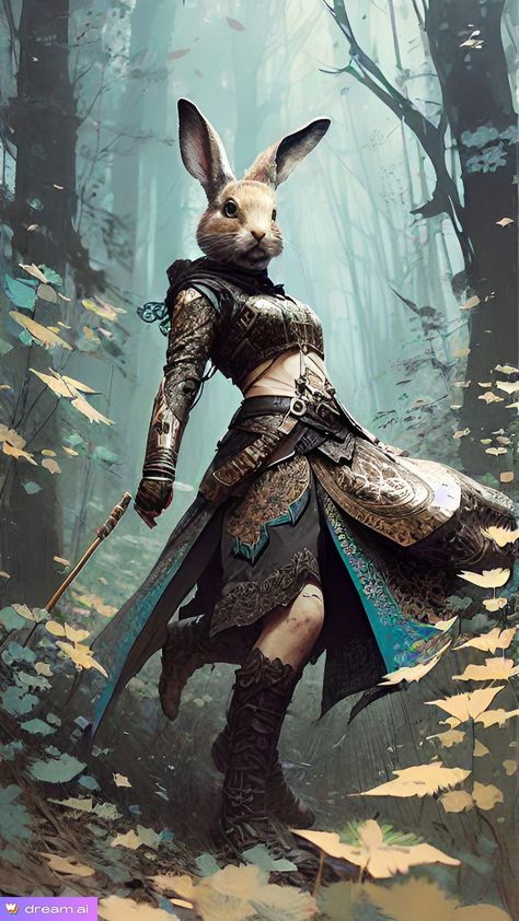 Fantasy woman with rabbit head. Rabbit Person Art, Harengon Rogue, Harengon Dnd Female, Harengon Dnd Art, Dnd Harengon, Rabbit Person, Rabbit Warrior, Rogue Dnd, Dnd Npc