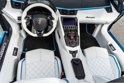 Interior of the Lamborghini Aventador S Roadster painted in Blu Cepheus Photo taken by: @kostatsoudis on Instagram White Lamborghini Interior, Inside Of Lamborghini, Lamborghini Urus Interior White, Mansory Lamborghini Urus, Lamborghini Urus Venatus, Lamborghini Huracan Interior, Aventador Interior, Concept Car Interior Design, Mansory Lamborghini