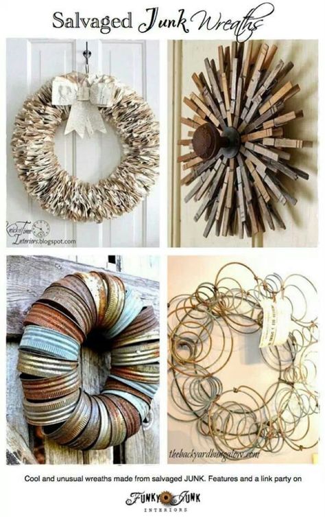 repurposed wreaths from upcycled junk! Rustic at its best! Types Of Wreaths, Funky Junk Interiors, Funky Junk, Noel Christmas, Canning Jars, Wreath Crafts, Ideas Christmas, Front Door Decor, Diy Wreath