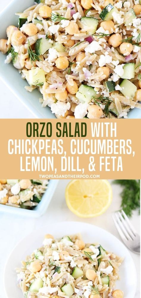 A delicious and light orzo salad with chickpeas, cucumbers lemon, dill and feta perfect for lunch and dinner. This easy recipe gives a little nutty flavor. Save this pin to start making this recipe! Make Ahead Dinners Vegetarian, Three Ingredient Dinner Recipes, Thrive Le-vel Recipes Meals, Charcuterie Pasta Salad, Lunch Ideas For Hosting, Gabrielle Lyon Recipes, Workday Lunch Ideas, Command Cooking Recipes, Meatless Easter Dinner