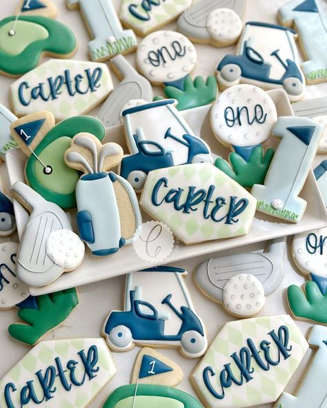 Golf Cookies First Birthday, Hole On One Birthday, First Birthday Golf Photo Shoot, Hole In One Themed Birthday, Hole In One First Birthday Pictures, Golf First Birthday Party Food, Golf First Birthday Cookies, 1st Birthday Hole In One, Hole In One First Birthday Centerpieces